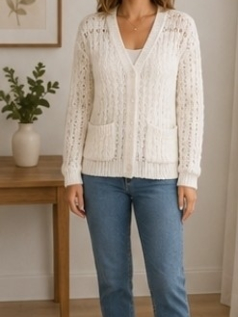 Vintage 1970s Keynote Cream Bubble Knit Granny Cardigan Sweater UK 16